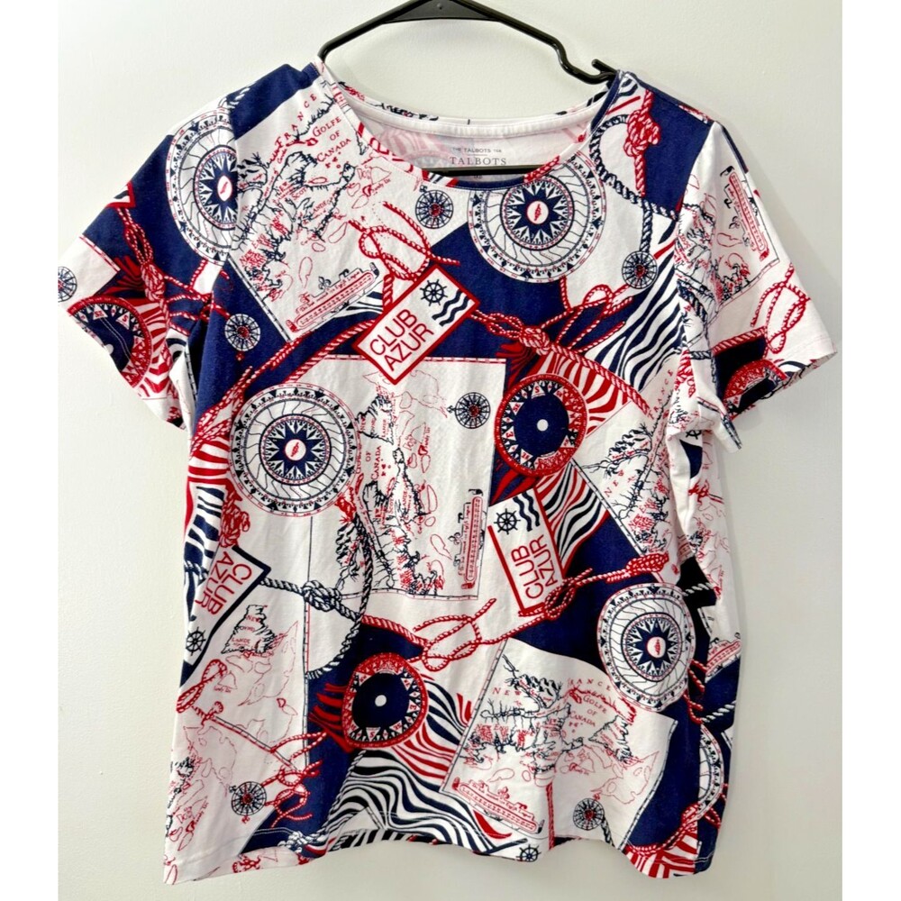 Talbots Nautical Theme Print T-shirt Top Women's Plus 1X Petite Cruise Coastal